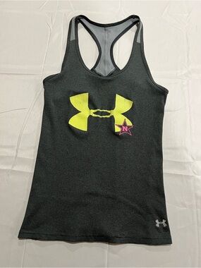 Under Armour Women's Dark Gray Racerback Tank with Neon Yellow Logo